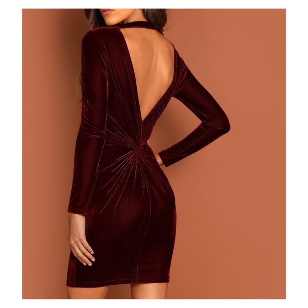 Burgundy Backless Bodycon Velvet Cocktail Dress